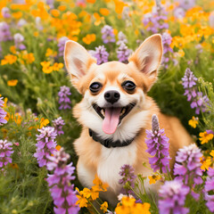 Chihuahua Surrounded by Flowers: Adorable Pet in a Colorful Field
