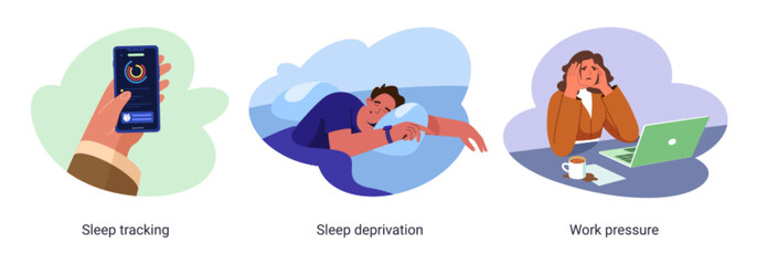 Vector set of sleep tracking and deprivation, work pressure. Flat man hand with digital tracker and tired businesswoman with burnout, overload and insomnia. Diagnostic sleeping app for healthy control