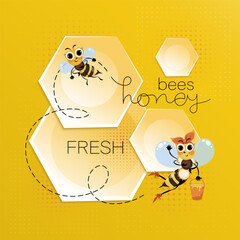 Fresh honey. Cute cartoon bees. Honeycombs. Vector bee background. A bee flies along a dotted path 