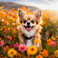 Cute Chihuahua in a Flower Field: Captivating Image of Pet Surrounded by Blooms