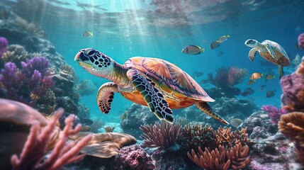 Fototapeta na wymiar Sea turtle underwater Generative AI