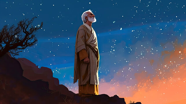 Colorful painting art portrait of Abraham standing outside on the steppes and looking up at the sky to count the stars.