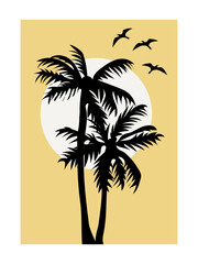 Tropical sun, palm, trees and birds retro 70s abstract artwork poster. Exotic vintage print. Vector illustration.