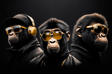 Gorilla with glasses style hip hop rap music , fashion cool monkey animal . Generative ai