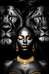 Woman and lion Love , Modern fashion art . Genrative ai