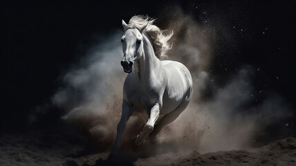 Naklejka na ściany i meble White horse run forward in dust on dark background. Generative Ai