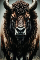 Fototapeta premium Big Bison Buffalo , power animal wildlife , strong . Generative ai