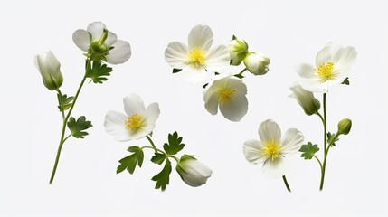 Fototapeta premium Collection of white or cream buttercup flowers and buds, isolated, transparent background, top view, flat lay, AI generated