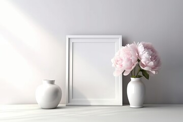 Simple wooden frame with empty white mockup picture. White table, vase, huge peony flower. Scandinavian or minimal interior design mock up presentation. Generated AI.