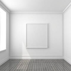 Simple white wooden frame with empty white mockup picture. White room, sun shadows, huge windows. Scandinavian or minimal interior design mock up presentation. Generated AI.