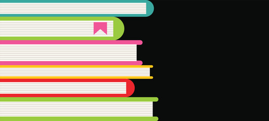Vector banner, poster with colorful books, and space for text. Stack of colorful books on black background. 