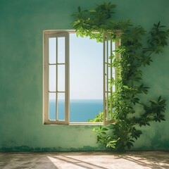 Window in a green room looking at the blue sky sea with plants. Generated AI.