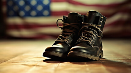 military combat boots with US flag in the background. Generative Ai
