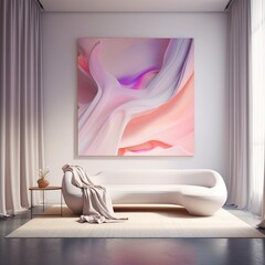 Very fancy and luxurious rich interior of a white apartment with high ceiling and huge windows. Pastel pink purple decor, painting, sofa, armchair. Generated AI.