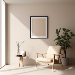 Simple empty white wooden frame mockup on simple pastel wall with sun rays and shadows. Minimal home interior design idea. Scandinavian minimal decor design look. Generated AI.