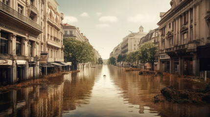 Fototapeta na wymiar Catastrophic flood in a European city. Water flooded the streets.
