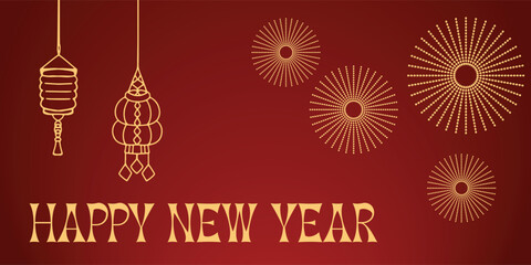 Chinese New Year 2024, the year of the Dragon, red and gold line art characters, simple hand-drawn Asian elements with craft (Chinese translation: Happy Chinese New Year 2024, year of the Dragon