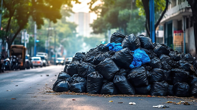 Pile of black garbage on the footpath at side road in big city, pollution trash. Generative Ai