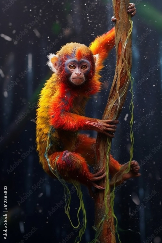Leinwandbilder a cheeky monkey swinging from a tree branch, its fur covered in drips of bright and bold paint, capt