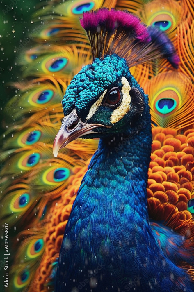 Poster a regal peacock displaying its vibrant feathers, each adorned with colorful paint drips, showcasing 