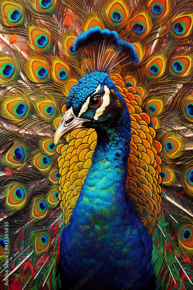 Poster a regal peacock displaying its vibrant feathers, each adorned with colorful paint drips, showcasing 