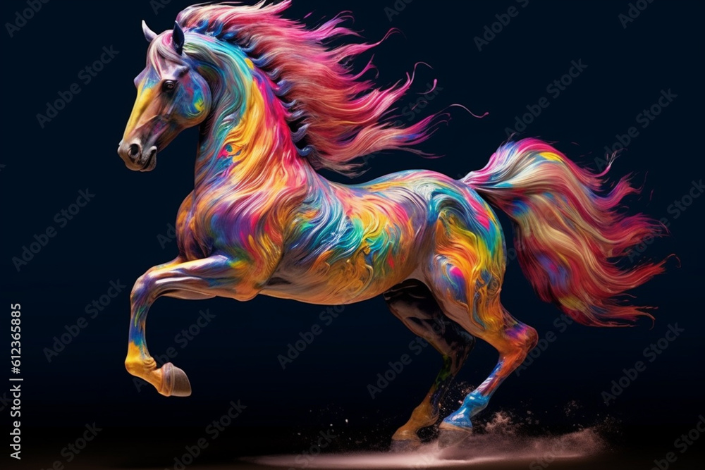 Poster a regal horse with a flowing mane and coat painted with elegant drips of vibrant colors, capturing t