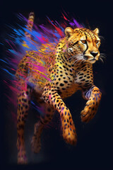 Fototapeta na wymiar A sleek and graceful cheetah captured mid-run, its body covered in streaks of vibrant paint drips, representing its incredible speed and agility. Generative AI technology.
