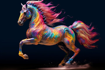 Naklejka na ściany i meble A regal horse with a flowing mane and coat painted with elegant drips of vibrant colors, capturing the grace and elegance of these majestic creatures. Generative AI technology.