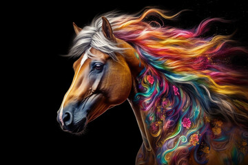 A regal horse with a flowing mane and coat painted with elegant drips of vibrant colors, capturing the grace and elegance of these majestic creatures. Generative AI technology.