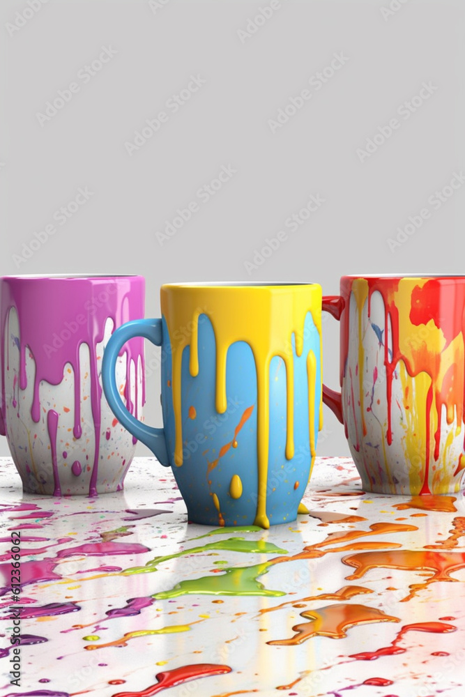 Poster A set of ceramic mugs with dripping paint patterns in various colors, adding a touch of artistic flair to the daily coffee or tea routine.  Generative AI technology.