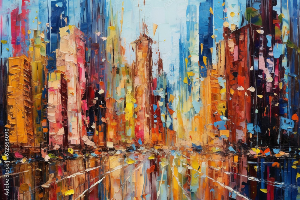 Aufkleber An abstract painting of a cityscape with vibrant paint drips depicting the energy and movement of urban life in a visually striking way. Generative AI technology.