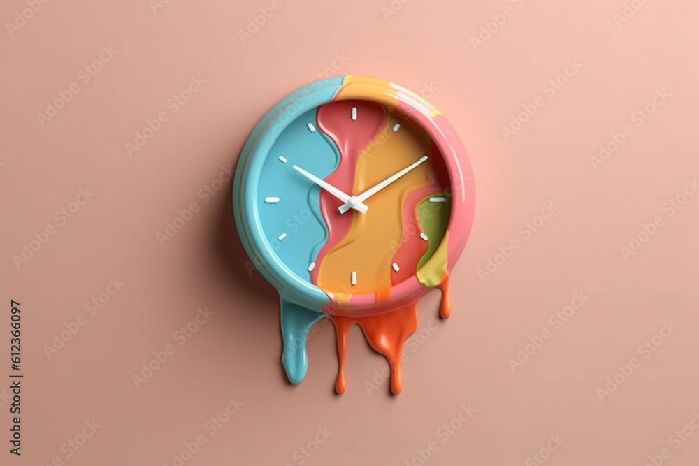 Poster A minimalist wall clock with subtle paint drips on the face, adding a unique and artistic touch to a functional home decor piece. Generative AI technology.