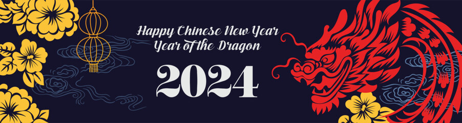 Chinese New Year 2024, the year of the Dragon, red and gold line art characters, simple hand-drawn Asian elements with craft (Chinese translation: Happy Chinese New Year 2024, year of the Dragon