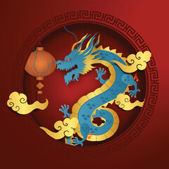 Chinese New Year 2024, the year of the Dragon, red and gold line art characters, simple hand-drawn Asian elements with craft (Chinese translation: Happy Chinese New Year 2024, year of the Dragon