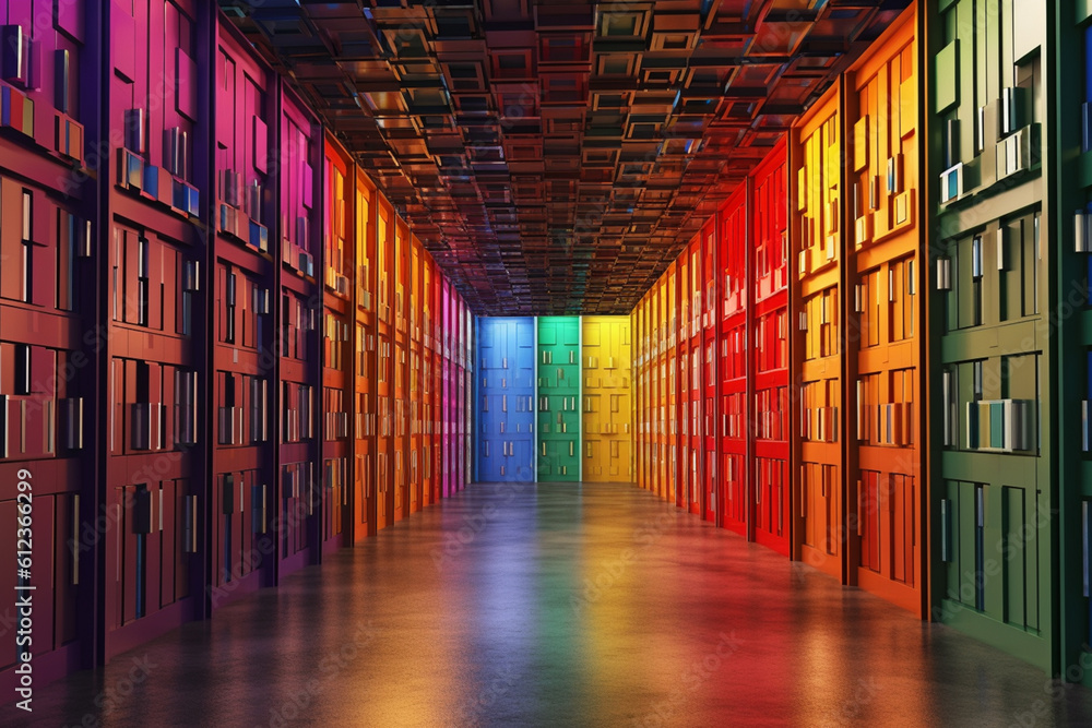 Poster an image of a data warehouse with multiple doors representing different data sources, emphasizing th