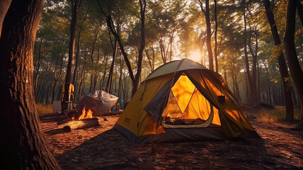tourist tent in forest camp. Generative Ai