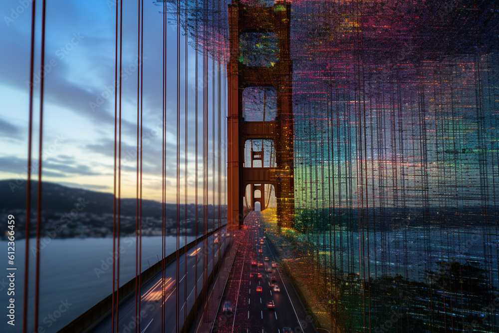 Aufkleber A graphic representation of data integration as a bridge spanning across disparate data sources, Generative AI technology.