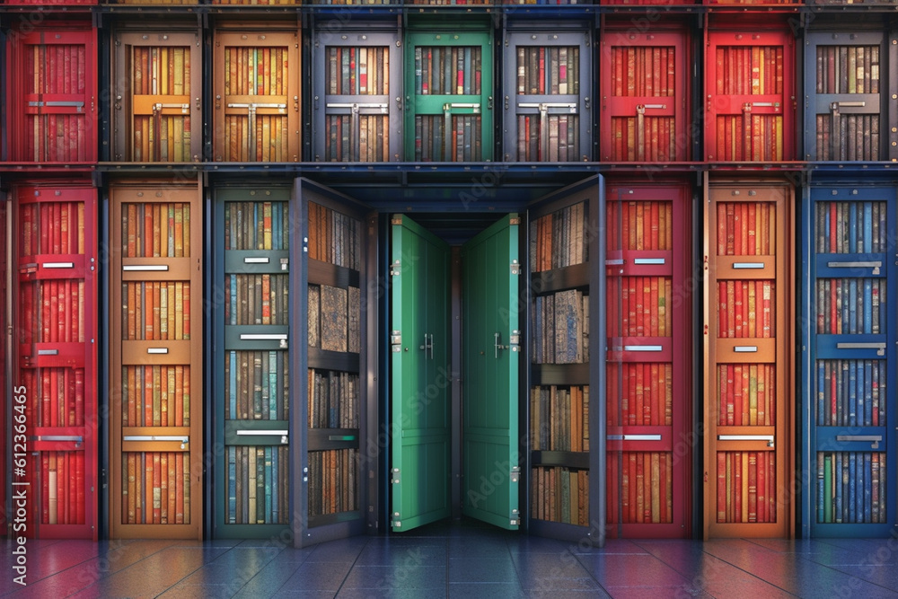 Poster an image of a data warehouse with multiple doors representing different data sources, emphasizing th