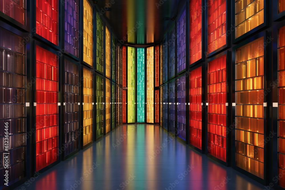 Poster An image of a data warehouse with multiple doors representing different data sources. Generative AI technology.