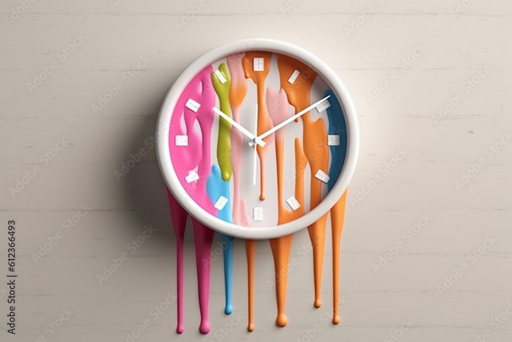 Poster A minimalist wall clock with subtle paint drips on the face, adding a unique and artistic touch to a functional home decor piece. Generative AI technology.