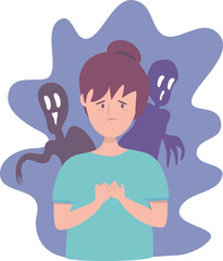 Sad Depressed Young Woman Girl after Insult, Swear & Verbal Abuse in The Internet, Cyber Bullying. Depression, Stress, Mental Health Expression. Mood changes. PMS symptoms Anxiety, frustrated unhappy.