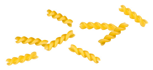 Italian fusilli pasta flying in space on a transparent background. Falling itallian spiral pasta...