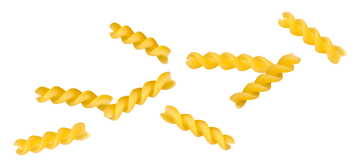 Italian fusilli pasta flying in space on a transparent background. Falling itallian spiral pasta close-up isolated on transparent background