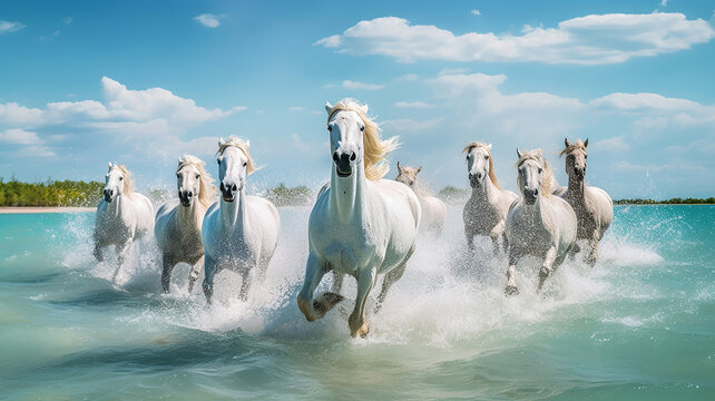 Herd of white horses running through the water. Generative Ai