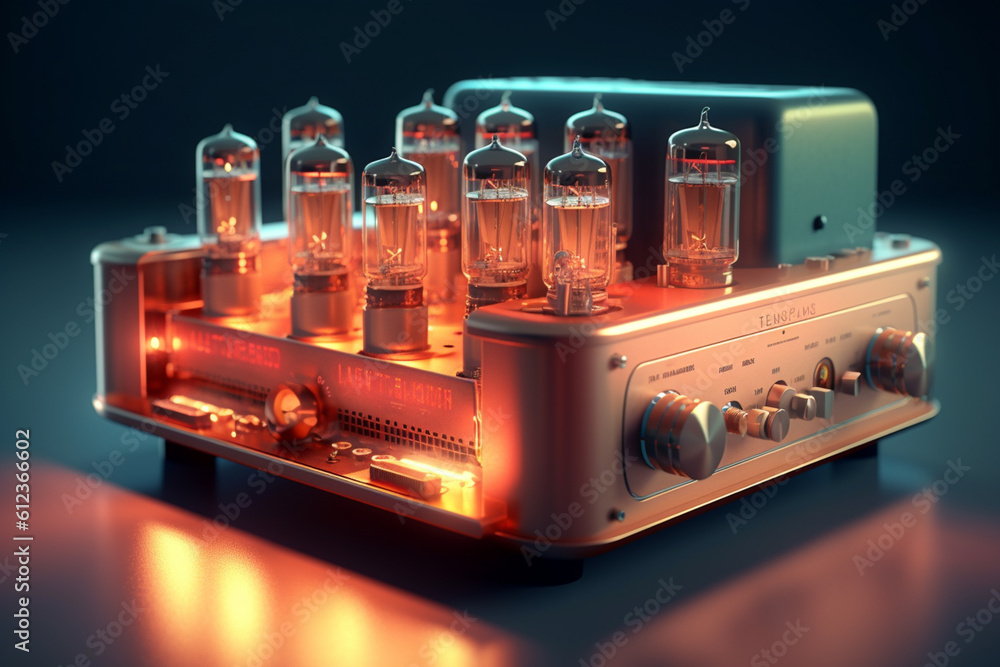 Aufkleber a vintage tube amplifier with glowing vacuum tubes and intricate circuitry, representing the warmth 