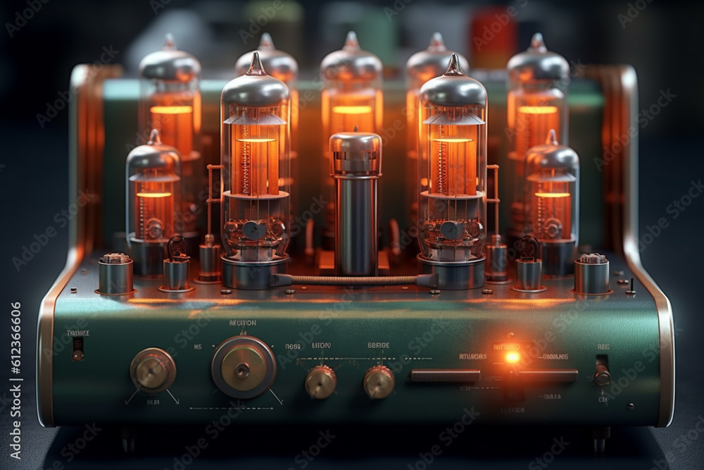 Aufkleber a vintage tube amplifier with glowing vacuum tubes and intricate circuitry, representing the warmth 
