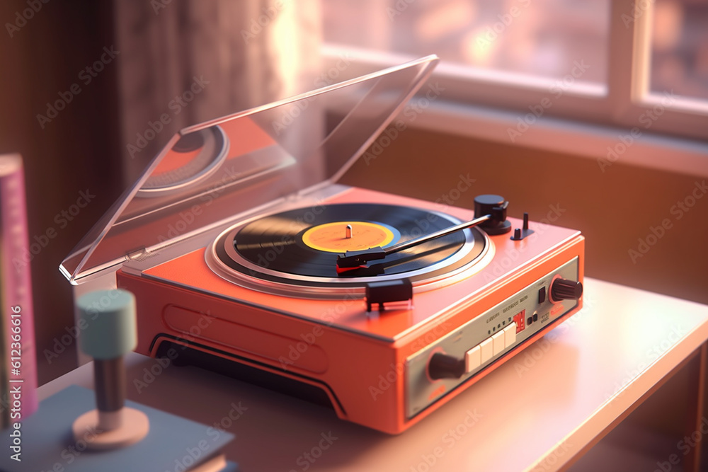 Fototapete A retro record player with a built-in radio tuner and cassette player, showcasing the versatility of music playback in a vintage-inspired design. Generative AI technology.