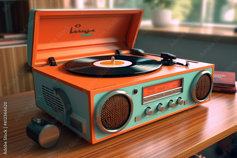 Fototapete A retro record player with a built-in radio tuner and cassette player, showcasing the versatility of music playback in a vintage-inspired design. Generative AI technology.