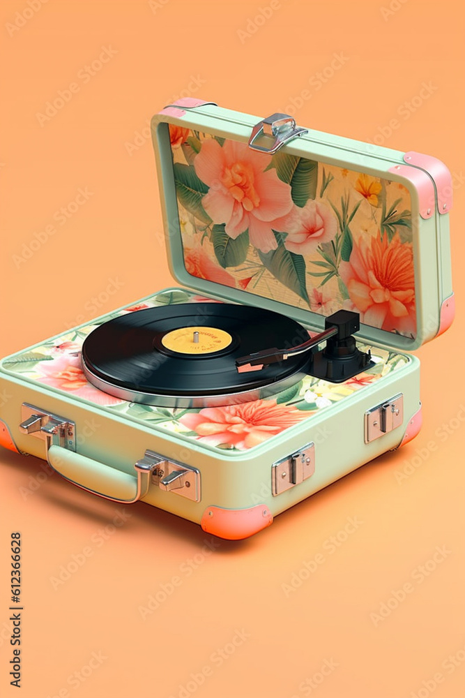 Poster a portable suitcase record player in a retro floral pattern, allowing music enthusiasts to enjoy the