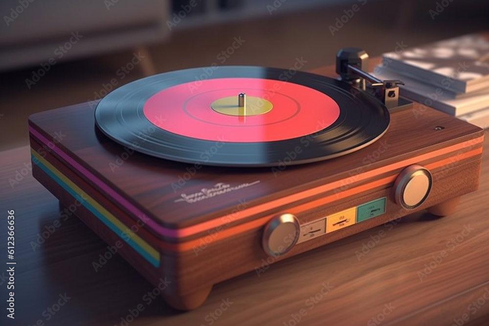 Aufkleber A vintage record player with a wooden base and chrome accents, featuring a modern twist with built-in Bluetooth connectivity for wireless playback. Generative AI technology.